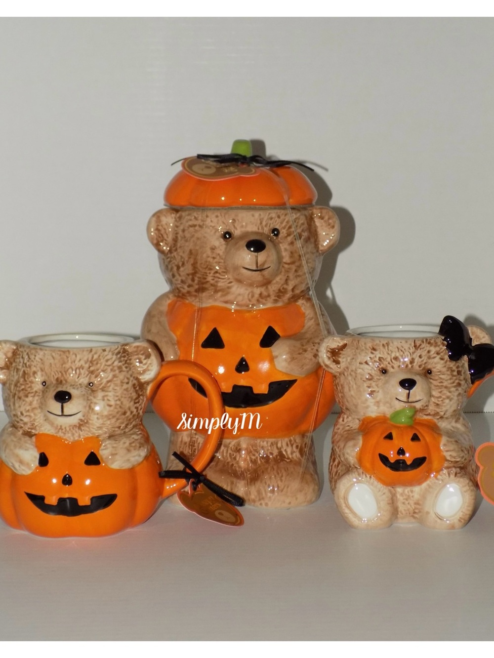 Creepy Critters Halloween Pumpkin Teddy Bear Cookie Jar & Mugs Set